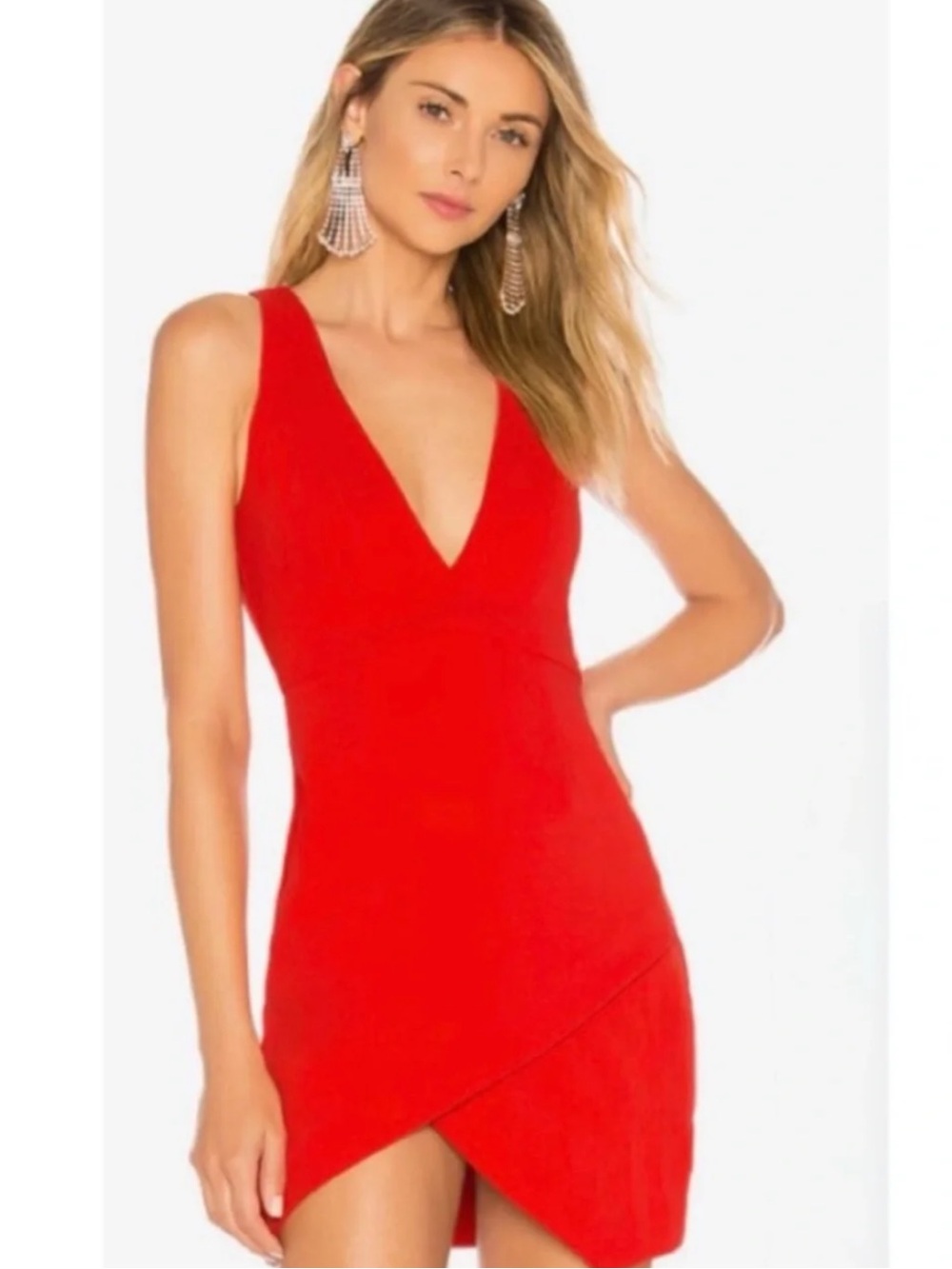 NBD x Naven Twins REVOLVE Red V-Neck Asymmetric Hem Faux-Wrap Mini Dress Size M